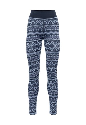 Marineblauwe leggings met een geometrisch patroon in lichte en donkere tinten blauw; rekbare stof en een brede tailleband voor comfort.