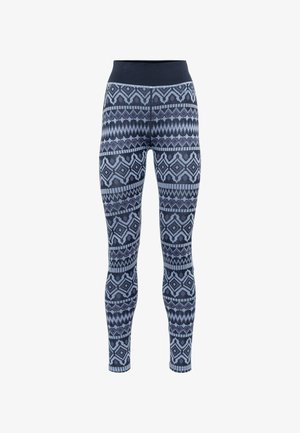 Navy leggings with geometric patterned print in light and dark shades of blue; stretchy fabric and wide waistband for comfort.