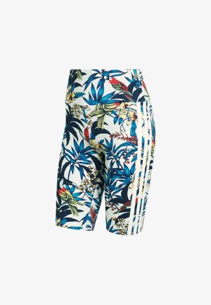 Floral-print cycling shorts with a white background, featuring blue leaves and red birds. Includes three white stripes on one side.