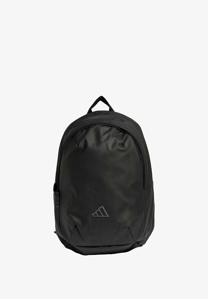 Black backpack made of smooth, durable material, featuring a zippered main compartment, a front pocket, and a logo detail on the lower front.
