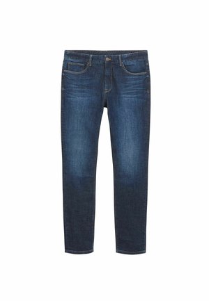Mørkeblå denimjeans med lige snit, fem lomme-design og lys falming på lårene. Har en metalknaplukning og kontraststing.