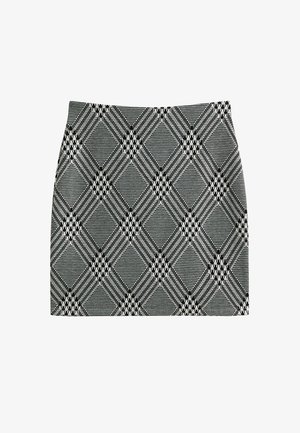 Zwart-witte geruite minirok met een diamantpatroon. Gemaakt van gestructureerde stof, heeft het een aansluitende pasvorm en een rechte zoom.