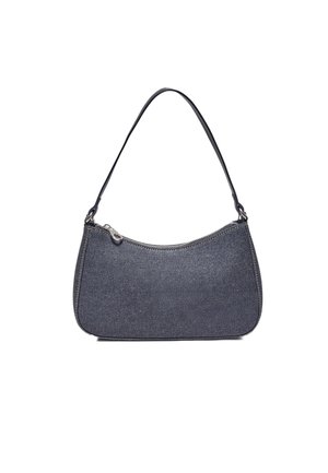 Lille mørkeblå denim skuldertaske med kort håndtag og lynlås øverst på hvid baggrund.