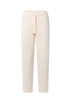 Pantalons de jogging beige clair en tissu doux, dotés d'une taille élastique avec cordon de serrage et de poches latérales. Design simple et décontracté.