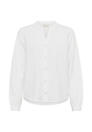 Biała bluzka z długim rękawem, z kołnierzykiem mandarynki, zapinana na guziki z przodu, z marszczonymi mankietami, wykonana z lekkiego materiału.