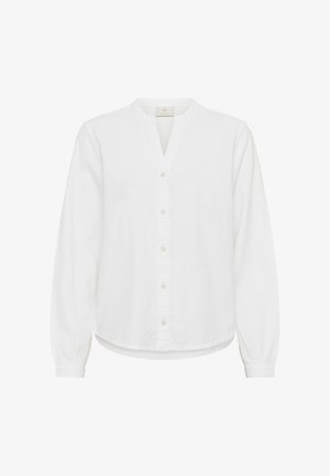 Valge pikkade varrukatega pluus mandariini kraega, nööpidega ees ning kogutud mansettidega, valmistatud kergest kangast.