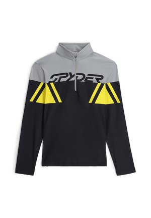Black long-sleeve half-zip pullover with grey upper section, featuring yellow triangular designs and "SPYDER" logo on the chest.
