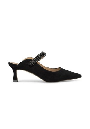 Black suede slingback shoe with a pointed toe, featuring a textured black strap adorned with decorative accents and a slender heel.