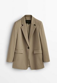 Beige Blazer aus glattem Stoff mit einem einzigen Knopfverschluss, Reverskragen und zwei vorderen Taschen. Sauberes, strukturiertes Design.