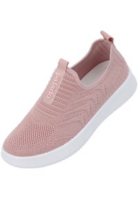 Scarpa slip-on rosa chiaro con tomaia in maglia testurizzata, dotata di suola in gomma bianca e logo in rilievo sul lato. Senza lacci.
