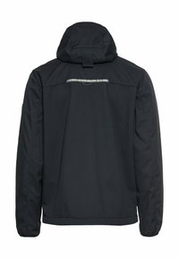 Czarna bluza z kapturem, widziana od tyłu, z odblaskowym paskiem i małym metalowym pierścieniem poniżej kaptura.