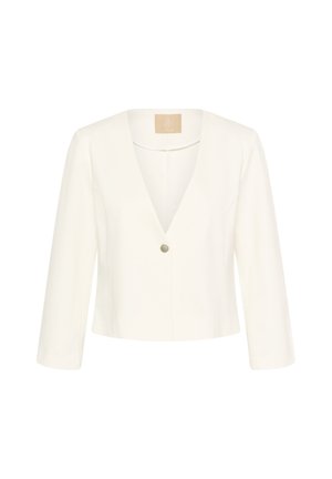 Blazer blanc court avec manches trois-quarts, col en V profond et fermeture centrale à un bouton.