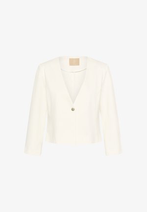 Valge lühendatud jakk kolme neljandiku varrukatega, sügava V-kaelusega ja ühe keskmise nööbi kinnitusega.