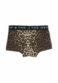 Puha anyagból készült leopárd mintás boxeralsó. Fekete derékpánt „THE NEV” logóval. Kerekded szélekkel rendelkező barna és bézs minta jellemzi.