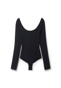 Zwarte longsleeve body met een ronde halslijn en drukknoopsluitingen bij het kruis, plat gelegd op een witte achtergrond.