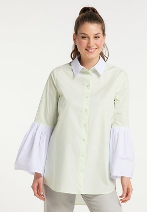 Giovane donna sorridente che indossa una camicia verde chiaro con bottoni, maniche larghe arricciate bianche e colletto bianco.