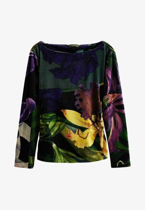 Bluză cu mânecă lungă, prezentând un model floral în culori vibrante, inclusiv mov, galben și verde, confecționată dintr-un material moale, cu decolteu bateau.