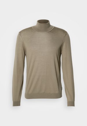 Beige turtleneck sweater, made of thin, ribbed fabric. Long sleeves with fitted cuffs and a straight hem at the bottom. Simple design, no patterns.