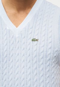 Άνδρας που φοράει γαλάζιο πλεκτό πουλόβερ V λαιμόκοψη με πράσινο λογότυπο κρο κόδειλου κεντημένο στο στήθος.