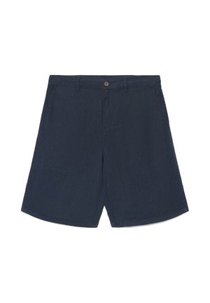 Pantaloncini casual da uomo blu navy con chiusura a bottoni, passanti per cintura e tasche laterali, distesi su uno sfondo bianco.