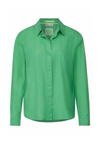 Grön långärmad skjorta med krage, knäppning fram och en texturerad tyg med vertikala ränder.