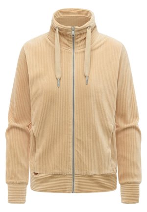 Beige geribde jas met rits, hoge kraag en trekkoorden, lange mouwen en geribde boorden en zoom.