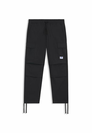 Schwarze Cargo-Hosen mit einem Kordelzugbund, mehreren Taschen, elastischem Bund und einem dezenten Logo-Patch. Hergestellt aus leichtem Material.