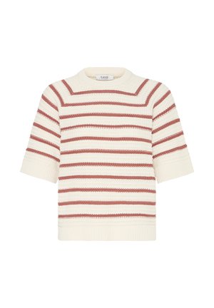 Pull en maille crème à manches courtes avec des rayures horizontales rose poussiéreux et un col rond, des poignets et un ourlet côtelés.