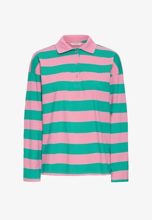 Long-sleeve polo shirt featuring alternating pink and green horizontal stripes, a collared neck, and three button placket.