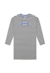 Langärmliges Shirt in Schwarz-Weiß-Streifen, mit einem hellblauen Rundhalsausschnitt und dem Text "DREAM ON" in Blau auf der Brust.