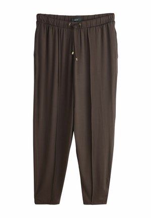 Brown, lightweight jogger pants made from soft fabric. Features an elastic waist with a drawstring and tapered leg design.