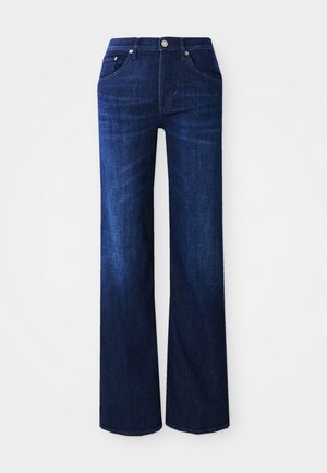 Jeans in denim blu scuro con design a zampa d'elefante, caratterizzati da una vita alta, tasche anteriori, chiusura con bottone e leggera scoloritura lungo le gambe.