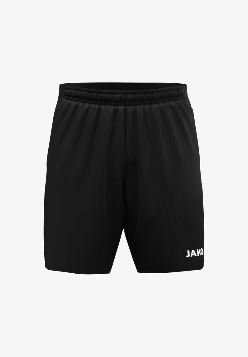 Schwarze Sportshorts mit einem elastischen Bund, auf der linken Seite mit einem weißen JAKO-Logo. Weiches, leichtes Material und klassisches Design.