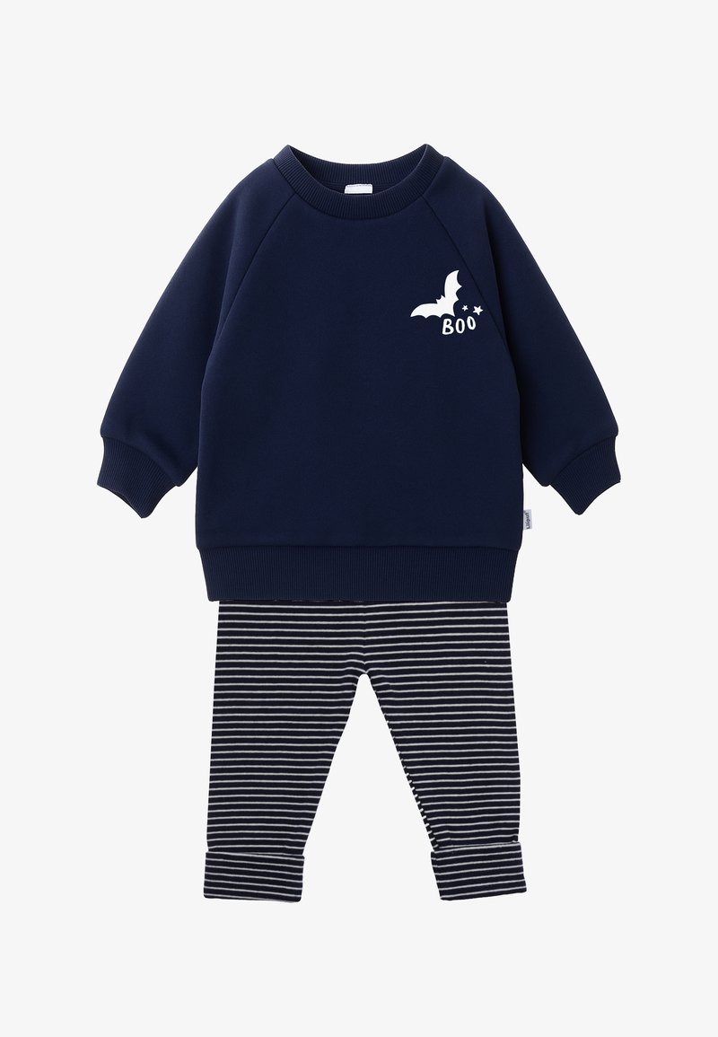 Navy sweatshirt with white bat and "BOO" print, paired with striped leggings in navy and white. Soft fabric, ribbed cuffs, and waistband.