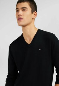 Pull noir à col en V en tissu doux. Manches longues avec des poignets côtelés. Petit logo brodé au niveau de la poitrine. Texture lisse.