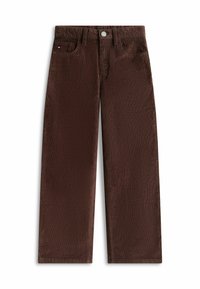 Brown corduroy pants featuring a straight fit, five pockets, and a silver button closure. The fabric has a ribbed texture.