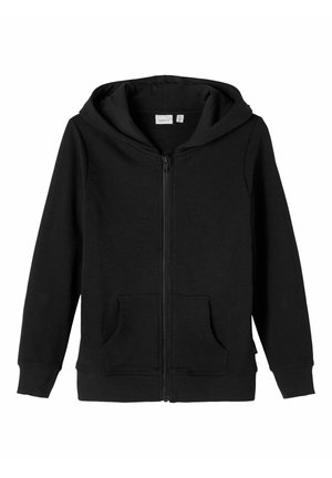Svart zip-up hoodie med dragsko i huvan, två framfickor och ribbade ärmslut. Tillverkad av mjukt, strukturerat tyg för komfort.