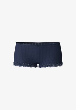 Shorts en bleu marine avec un tissu à côtes verticales, une bordure en dentelle au bas et un petit nœud au centre avant.