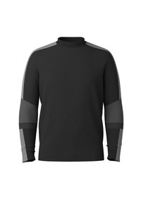 Zwart herenpullover met een opstaande kraag, voorzien van grijze accenten op de schouders en mouwen, geribbelde boorden en een gladde textuur.