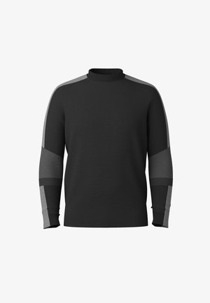 Męski czarny sweter z półwysokim kołnierzem, z szarymi akcentami na ramionach i rękawach, ściągaczami przy nadgarstkach oraz gładką teksturą.