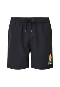 Pantaloni da bagno neri con vita elastica, cordino e una stampa grafica gialla in basso a sinistra con il nome del marchio "ALLSAINTS."