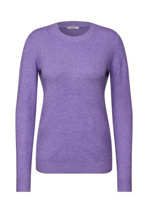 Maglione a maniche lunghe viola realizzato in maglia testurizzata, con scollo rotondo e polsini e orlo a costine, con una forma leggermente aderente.