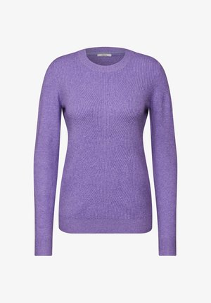 Lilla langærmet sweater lavet af tekstureret strikmateriale, med rund hals og ribbede manchetter og kant, i en let tætsiddende pasform.
