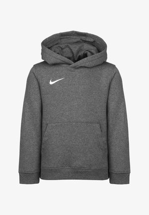 Šedá mikina vyrobená z látky s měkkou texturou, která má přední kapsu, kapuci na šňůrky a bílé logo Nike na hrudi.