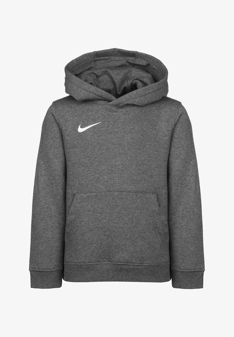 Grijze hoodie van een stof met een zachte textuur, voorzien van een voorzak, een capuchon met trekkoord en een wit Nike-logo op de borst.
