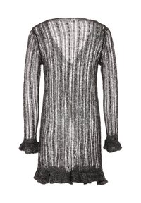 Cardigan negru, din tricot transparent, cu dungi verticale, mâneci lungi și margini volnate la manșete și la baza. Design ușor și deschis.
