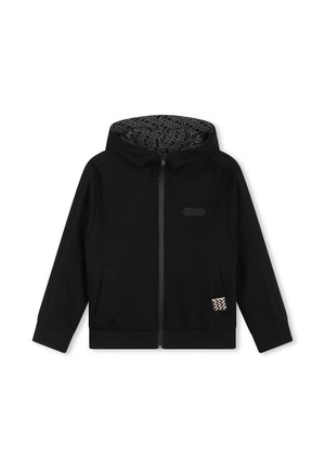 Felpa nera con zip, con un rivestimento testurizzato nella cappuccio, due tasche frontali e una discreta toppa con logo. Presenta dettagli dei pannelli laterali in contrasto.