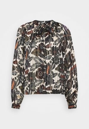 Bluse med lange ærmer i let, gennemsigtigt stof med et blomstermotiv og blade i sort, orange og grønt på en cremet baggrund. Rynking ved halsudskæringen.