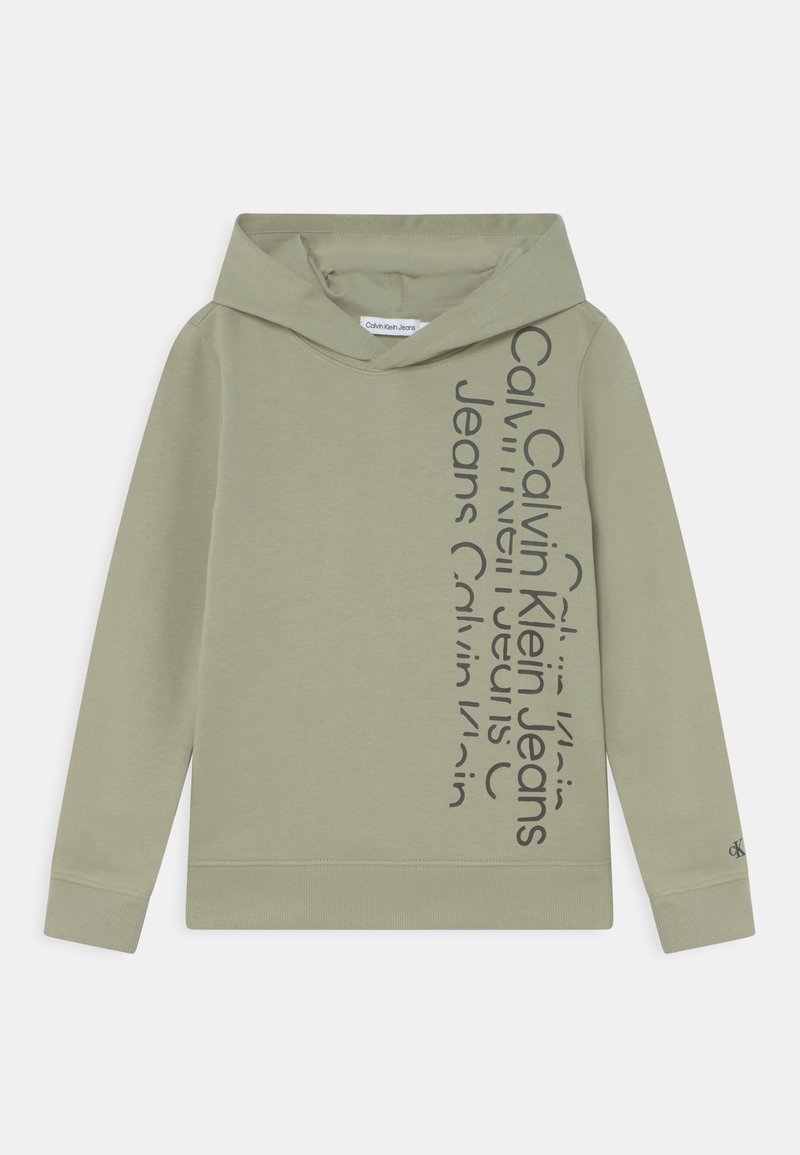 Felpa con cappuccio verde oliva con tasca a marsupio, polsini e orlo a costine, con testo nero che mostra "Calvin Klein Jeans" lungo un lato.