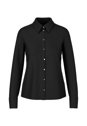 Black long-sleeve button-up shirt with a collar, featuring black buttons down the front and a smooth, matte texture.